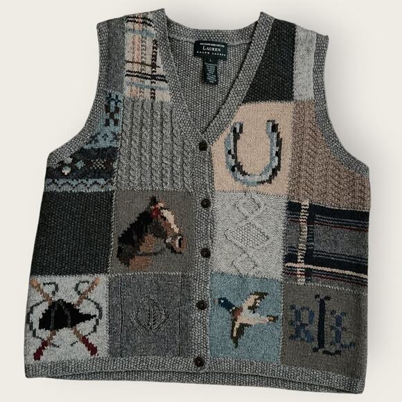 Lauren Ralph Lauren Vest Women's Sz L Equestrian Duck Hunting Knit Patchwork VTG - Picture 1 of 7